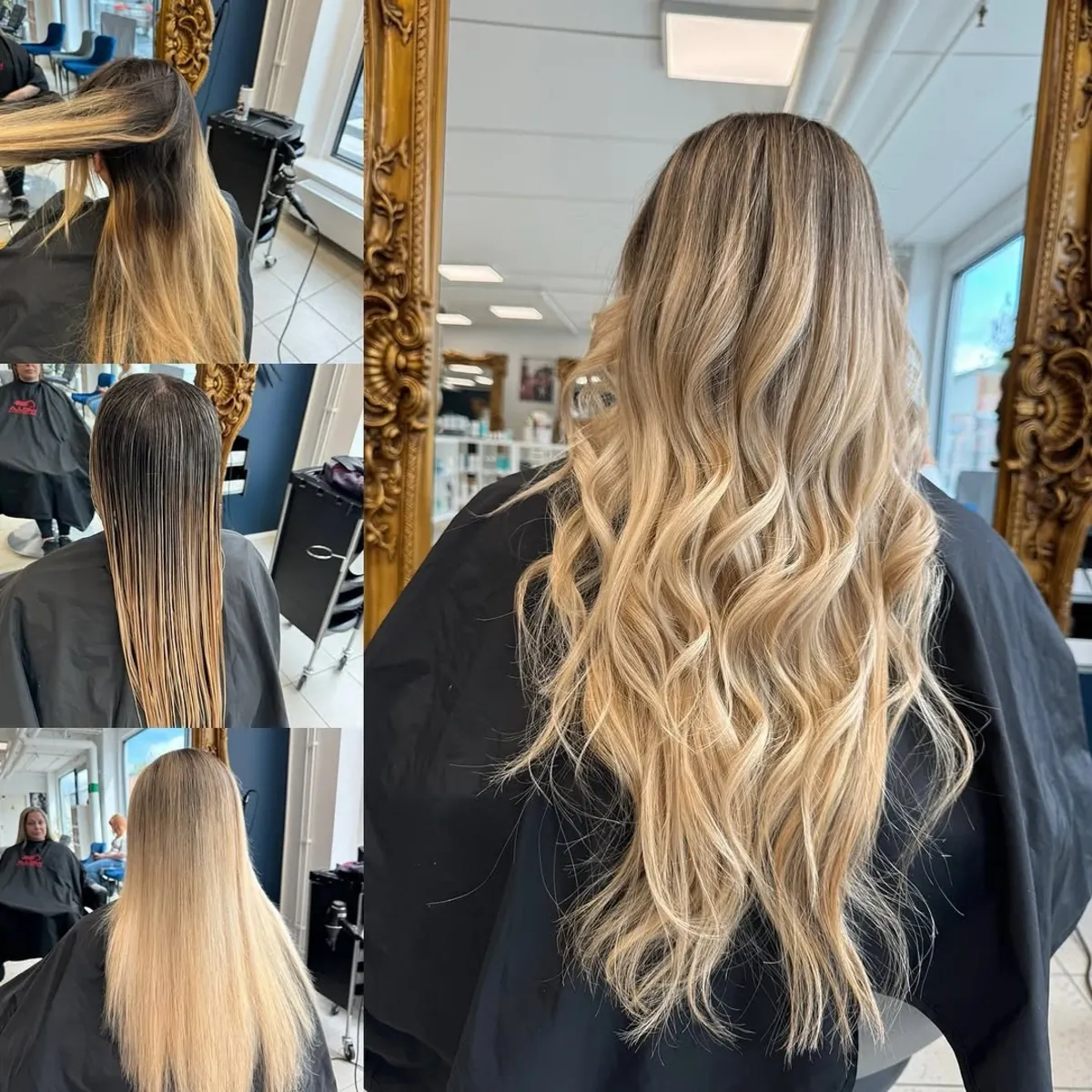 Före och efter: mörk utväxt till blond balayage, Elegant Hair Studio Södertälje